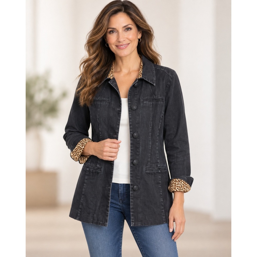 Chicos Platinum Black Denim Jacket Longline Size M-L  Edgy casual Y2K Utility